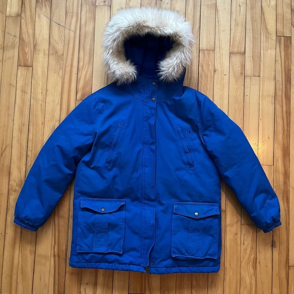 Adidas Blue Parka Jacket with Faux Fur Hood Zip Pockets Logo Size L